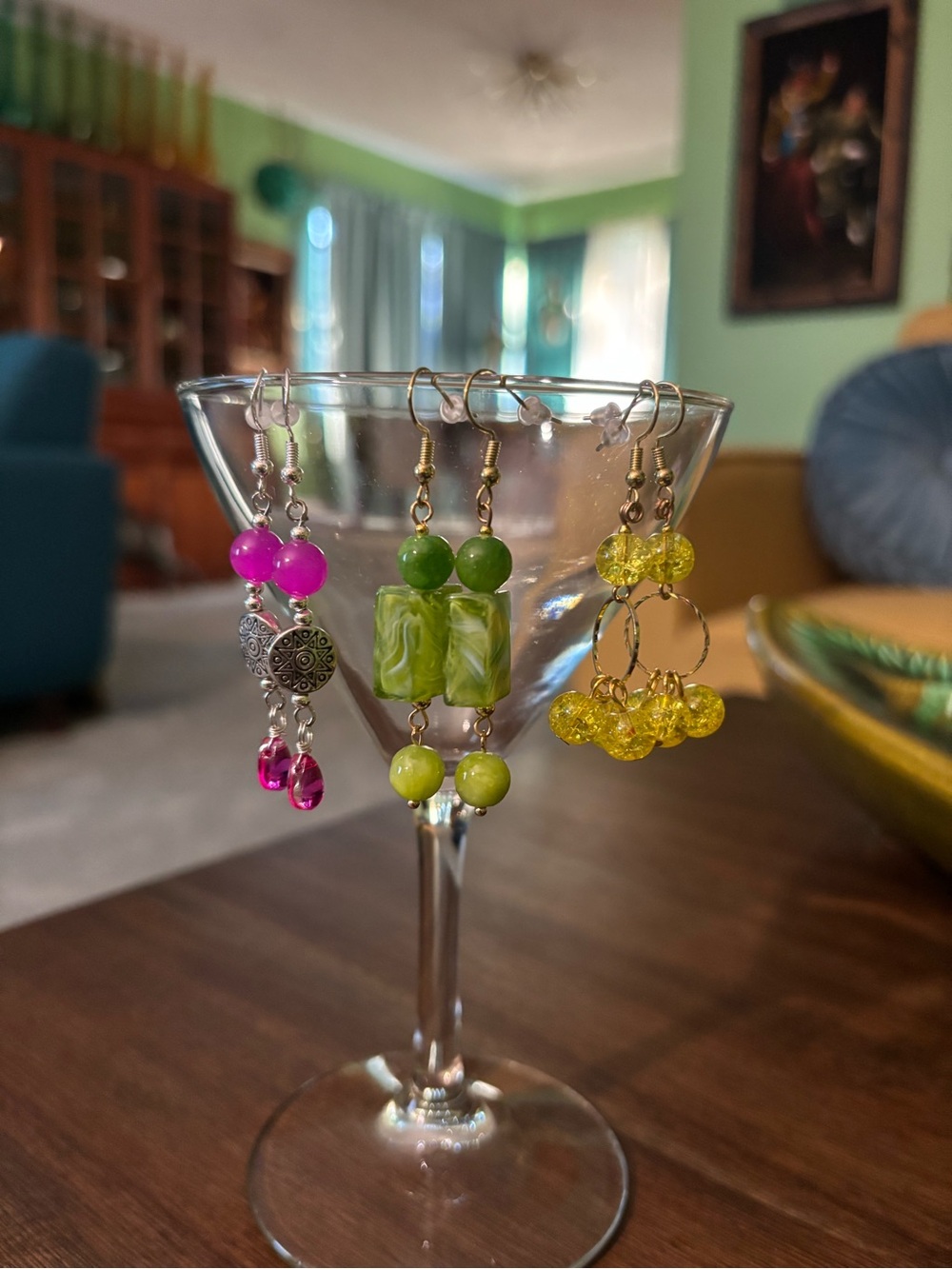 Handmade Multicolor Glass Bead Earrings Set - Pink, Green & Yellow